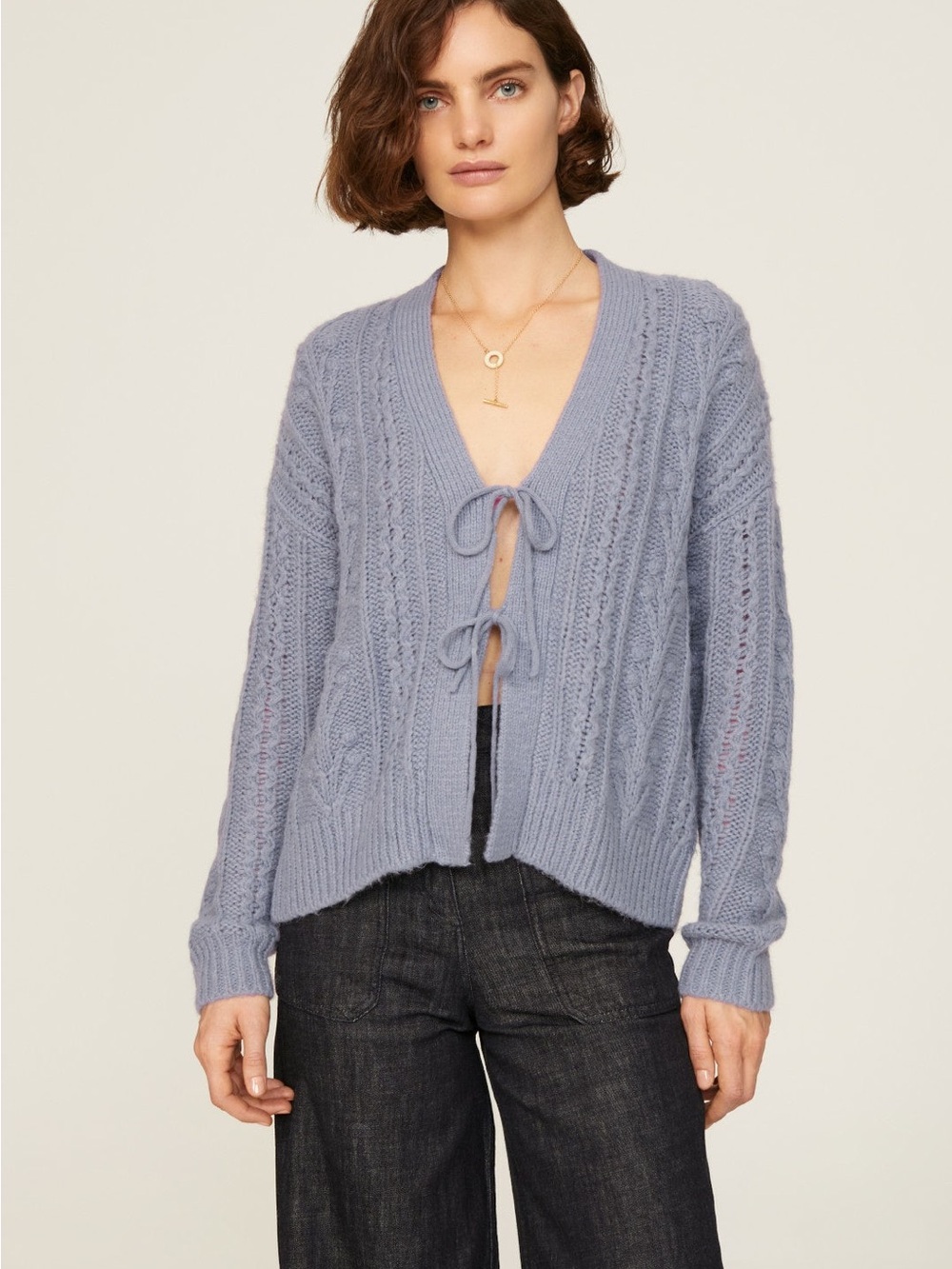 Madewell Tie-Front Cable Knit Cardigan in Dusty Blue